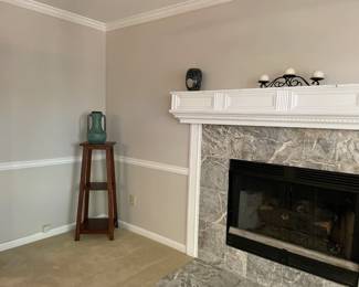 Wood display stand, green vase, candle holders
