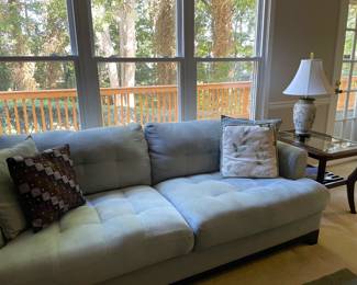 pale green sofa with throw pillows, living room set, ceramic floral lamp, wood and glass-top end table