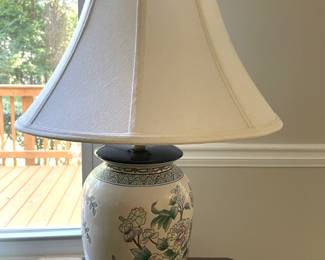 ceramic floral lamp, wood and glass-top end table
