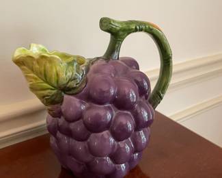 grapes and grape leaf ceramic pitcher