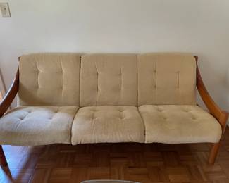 mid-century modern beige and hardwood sofa