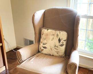 beige armchair, set of 2, and throw pillow