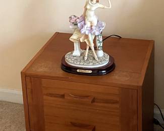 Mid-century Modern bedroom set, bedside table; antique milk glass lantern with woman and beaded fringe.