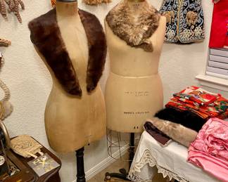 Plus size 44 Wold dress form on cast iron adjustable base and an antique French dress form on wood base.