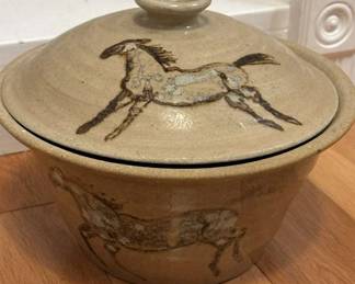 Lidded Stoneware Pot With Running Horse Design