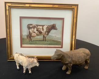 Framed Vintage Ayrshire Cow Post Card Old Die Cast Cows