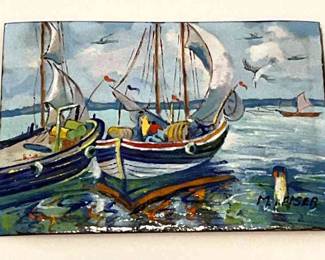 Vintage Enamel on Copper Painting Signed M Keiser