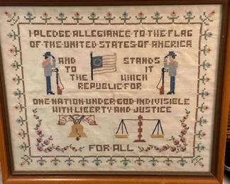Cross Stitch Framed Needlework Pledge Of Allegiance And Artwork