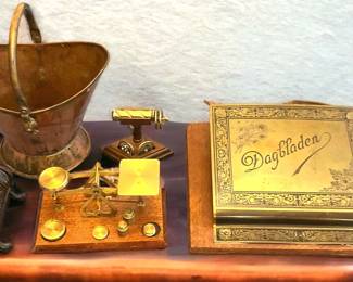 Newspaper holder, Mail Holder, Copper Coal Scuttle Balance Scale