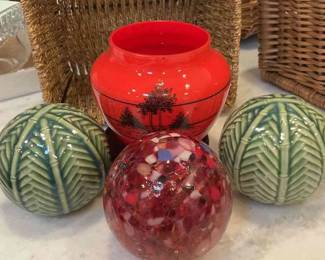 Red Glass Vase Three Decorative Orbs