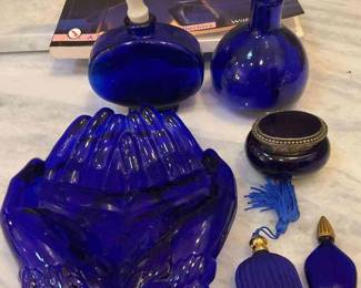 Cobalt Glass Prayer Hands Tray Perfume Bottles