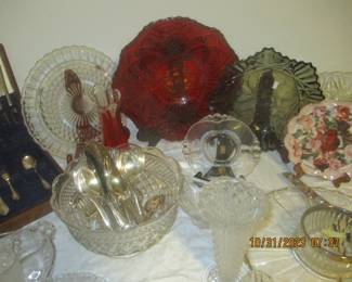 Amberina, blue, and assorted crystal glassware