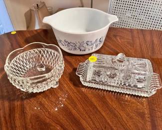 CRYSTAL BUTTER DISH, BOWL, AND PYREX BOWL
 
