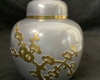 GRLE216 Vintage Chinese Pewter Vase Made with Pewter and Brass inlay, ginger jay made in Hong Kong.
