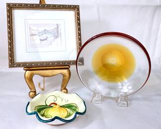 GRLE903 Franco Dei Rossi Signed Print More Italian Art Soft Focus Impressionist print signed by Franco Dei Rossi. &nbsp;Signed V. Jason & C amber art glass Murano, Italy. &nbsp;Deruta, Italy Dip A Mano ceramic bowl.
