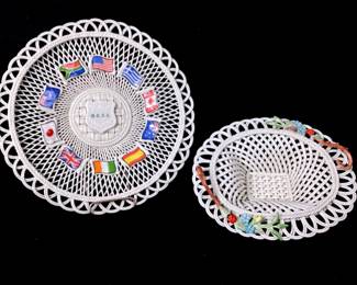 GRLE911 Vintage Belleek Woven Irish Porcelain &nbsp;Belleek Collectors International SocietyWoven chapter plate, 20th anniversary limited edition. &nbsp;Collectors edition, Flat rod ladybug basket woven Irish porcelain. &nbsp;Both pieces have original price tags attatched to bottom.
