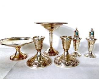 GRLE919 Vintage Weighted Sterling Pair Towe candlesticks, Empire salt and pepper shaker set. &nbsp;Crown tall pedastal bowl, shorter pedastal.
