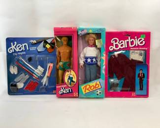 RIHI200 Vintage Ken Rob Figurines With Accessories One Ken doll that does have some wear and looks to be played with, the box isn't the original one that goes with him. Maxie's boyfriend Rob which does come with the original box and looks to have all the pieces. Box does have some discoloration and wear to it. Also comes with Ken's City Night outfits and a Romantic Wedding outfit as well, both in their original packaging.
