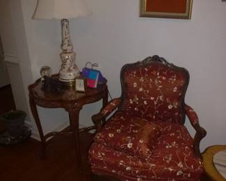 FRENCH BERGERE ARM CHAIR - VINTAGE WALNUT CARVED END TABLE - VINTAGE PORCELAIN FLORAL TABLE LAMP