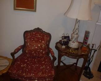 FRENCH BERGERE ARM CHAIR - VINTAGE WALNUT CARVED END TABLE - VINTAGE PORCELAIN FLORAL TABLE LAMP