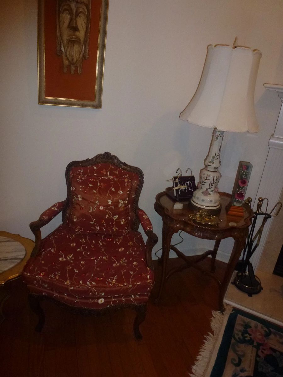 FRENCH BERGERE ARM CHAIR - VINTAGE WALNUT CARVED END TABLE - VINTAGE PORCELAIN FLORAL TABLE LAMP