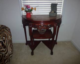 VINTAGE ROSEWOOD CARVED MARBLE TOP DEMI LUNE TABLE