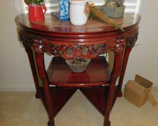VINTAGE ROSEWOOD CARVED MARBLE TOP DEMI LUNE  TABLE