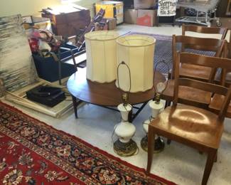 Rugs, lamps, Mid Century furniture