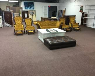 Antique furniture, 2 blanket chests, large leather coffee table/stool