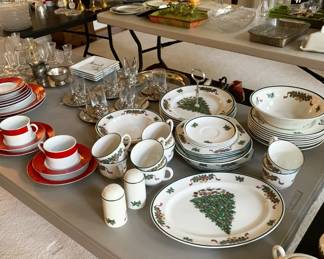 Crystal, silverplate, porcelain holidays dishes and stand, brass candlesticks,