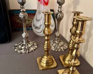 Brass candlesticks, silverplate candlesticks, art glass vase, antique stained glass panel