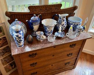 Various blue and white pottery vases, jardinieres, pitchers, chamberstick, etc, crystal serving pieces ($1-10)