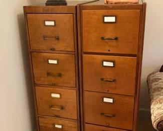 Oak filing cabinets, Plaster bust and ceramic sculpture ($150 each)