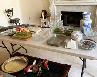 Crystal, silverplate, porcelain holiday dishes, bowl and stand, blue and white vase