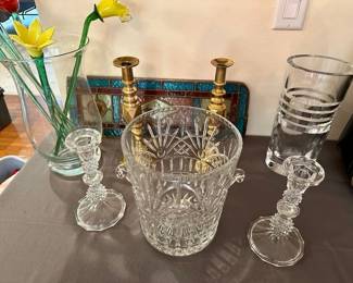 Crystal ice bucket, brass and crystal candlesticks, Orrefors crystal vase, art glass flowers