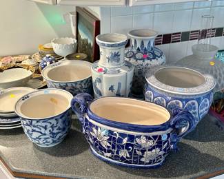 Various blue and white pottery vases, jardinieres, plates, etc. ($1-10)