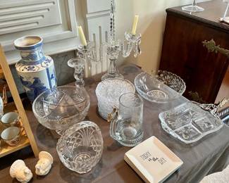 Crystal tableware and candelabras, blue and white vase