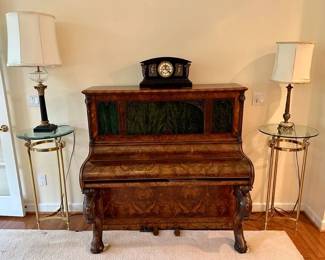 Burl wood upright piano ($100), Ansonia mantel clock ($100), brass stands, lamps