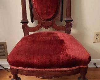 Antique Burl Wood Side Chair with Velvet Upholstery