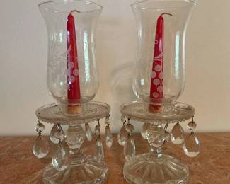 Antique Hurricane Boudoir Candlestick Holder Pair Etched Shades Hanging Crystal Prisms