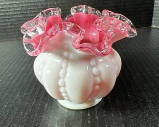 Fenton Beaded Milk Glass Vase with Peach Crest Blow