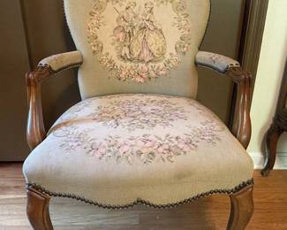 French Louis XV Style Walnut Needlepoint Armchair