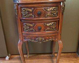 Inlaid Carved Oval End Table with Brass Galleries