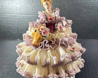 Vintage Dresden Purple Lace Girl Figurine Sitting in Chair