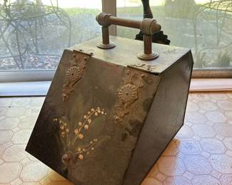 Vintage Metal Coal Scuttle Hod with Shovel