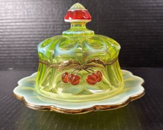 Vintage Mosser Glass Green Opalescent Cherry Cable Thumbprint Butter Candy Dish