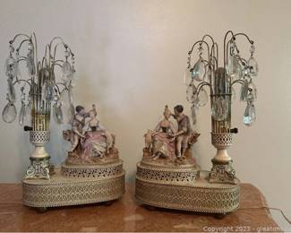 Vintage Victorian Crystal Fountain Lamp Pair