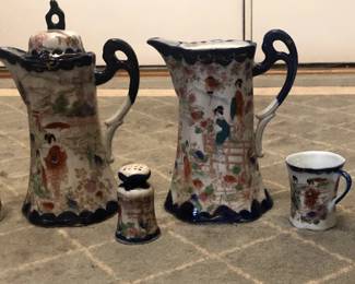 Vintage Handpainted Geisha Porcelain Tea Set, includes 5 cups, 1 sugar shaker, 2 tea pots, 1 lid
