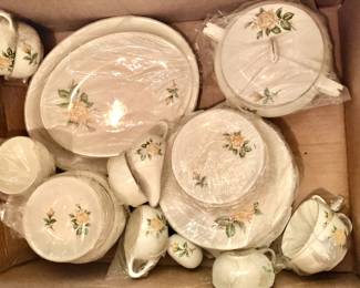 Vintage Yellow Rose (possibly Canonsburg) Design China Set, includes 1 large platter, 1 medium platter, 1 teapot with lid, 1 soup serving bowl, 1 salt shaker, 1 creamer, 1 sugar bowl, 8 cups, 8 saucers, 8 regular bowls, 8 small bowls
