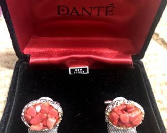 Vintage Dante Gem Stone Men’s Cufflinks, Silver Tone with Red Color Stones